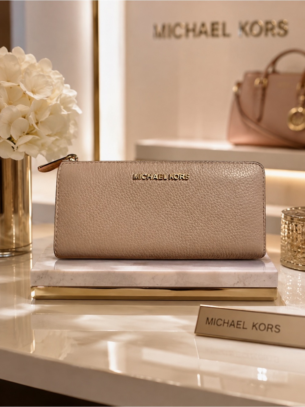 Michael Kors Taupe Pebbled Leather Zip Wallet with Gold Logo